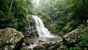 Laurel Falls waterfall in Great Smoky Mountains National Park, an 80-foot cascade surrounded by dense green forest