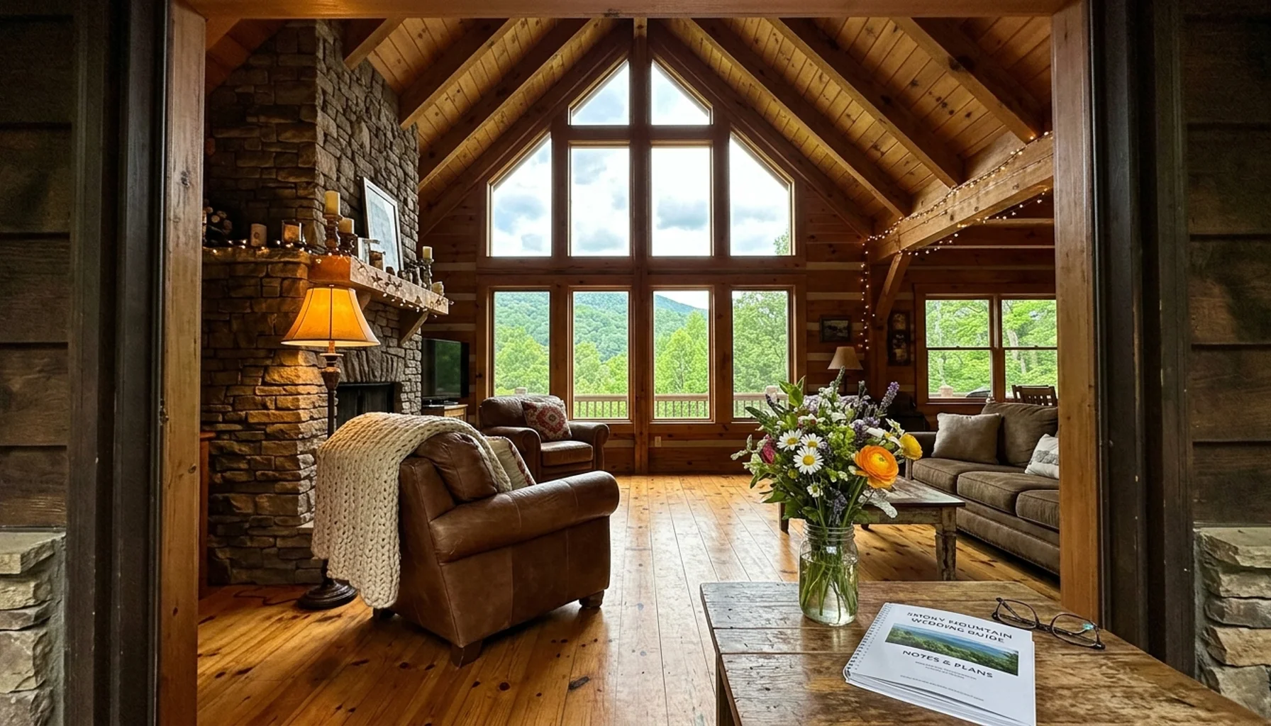 Wedding cabin retreat Gatlinburg interior with vaulted timber ceilings, stone fireplace, and Smoky Mountain views through cabin windows