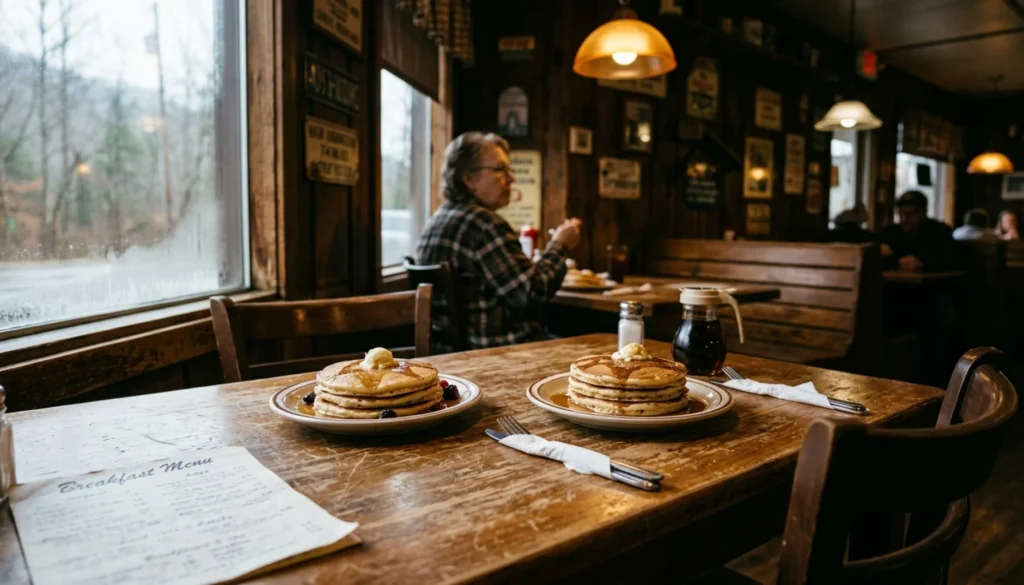Thick-cut pancakes served at a rustic Gatlinburg TN breakfast diner — what food is Gatlinburg TN known for