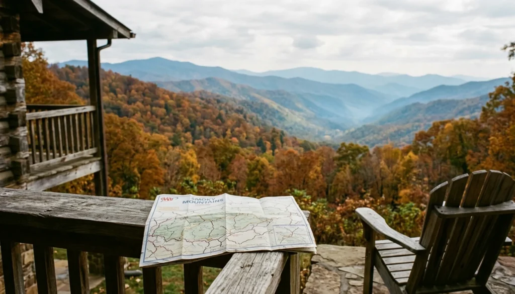 Smoky Mountains fall foliage from a cabin porch — best time to go to Gatlinburg Tennessee in October