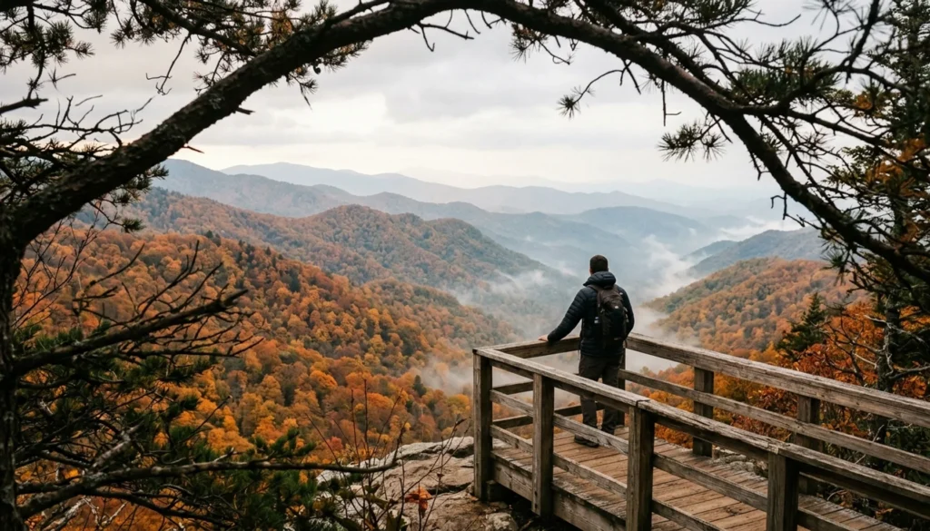 Fall foliage in the Smoky Mountains seen from an overlook near Sevierville, TN in 2026