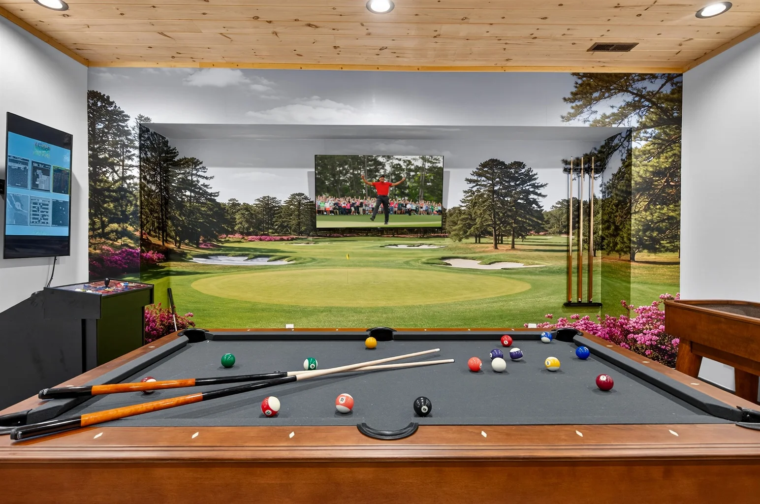 Professional pool table with golf course mural in luxury game room at Hemlock Hills Sevierville Tennessee cabin
