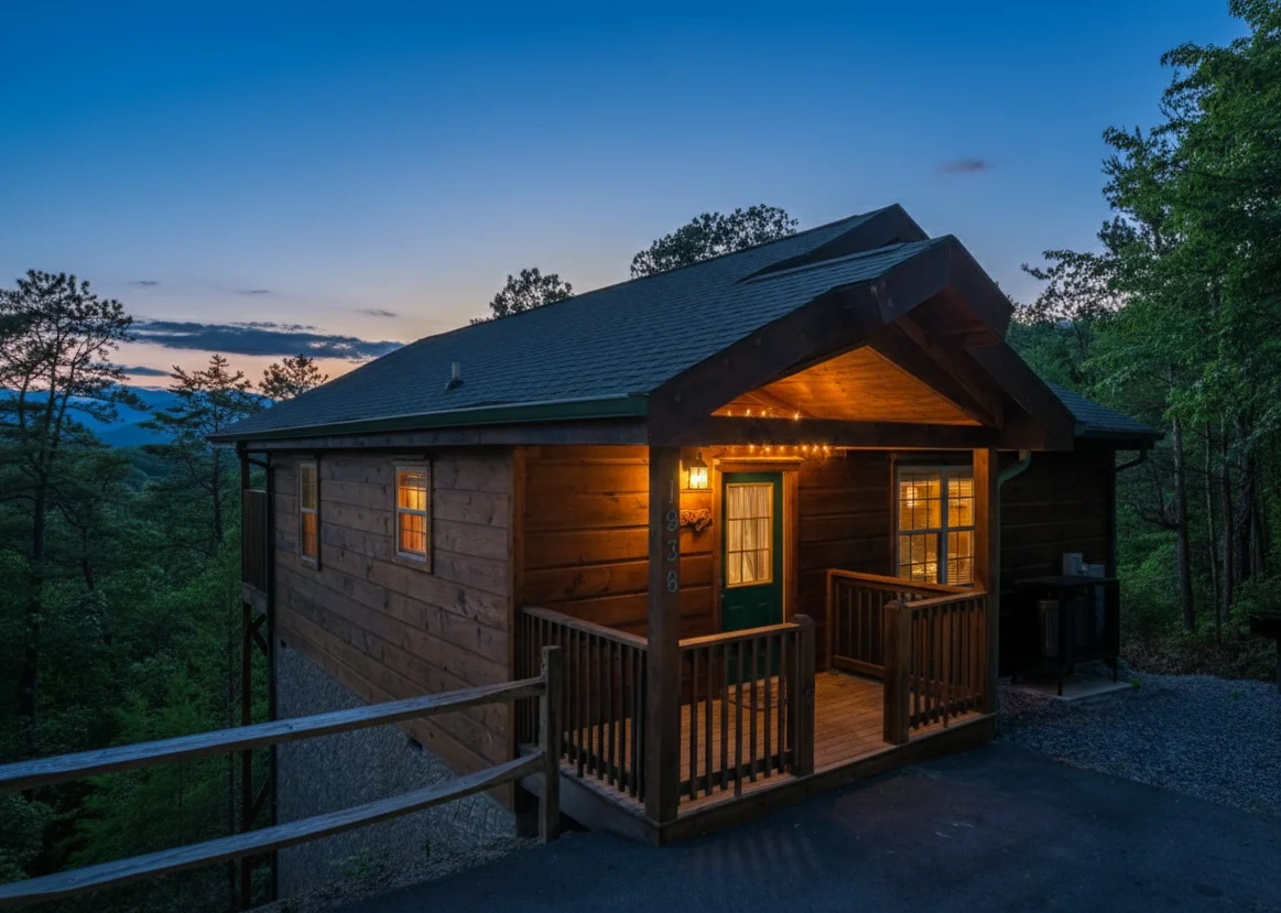 Log cabin exterior at twilight with lit porch nestled in forest mountains near Sevierville