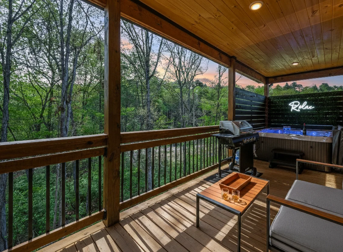 Covered deck hot tub with forest views, ideal for cool October evenings in Gatlinburg