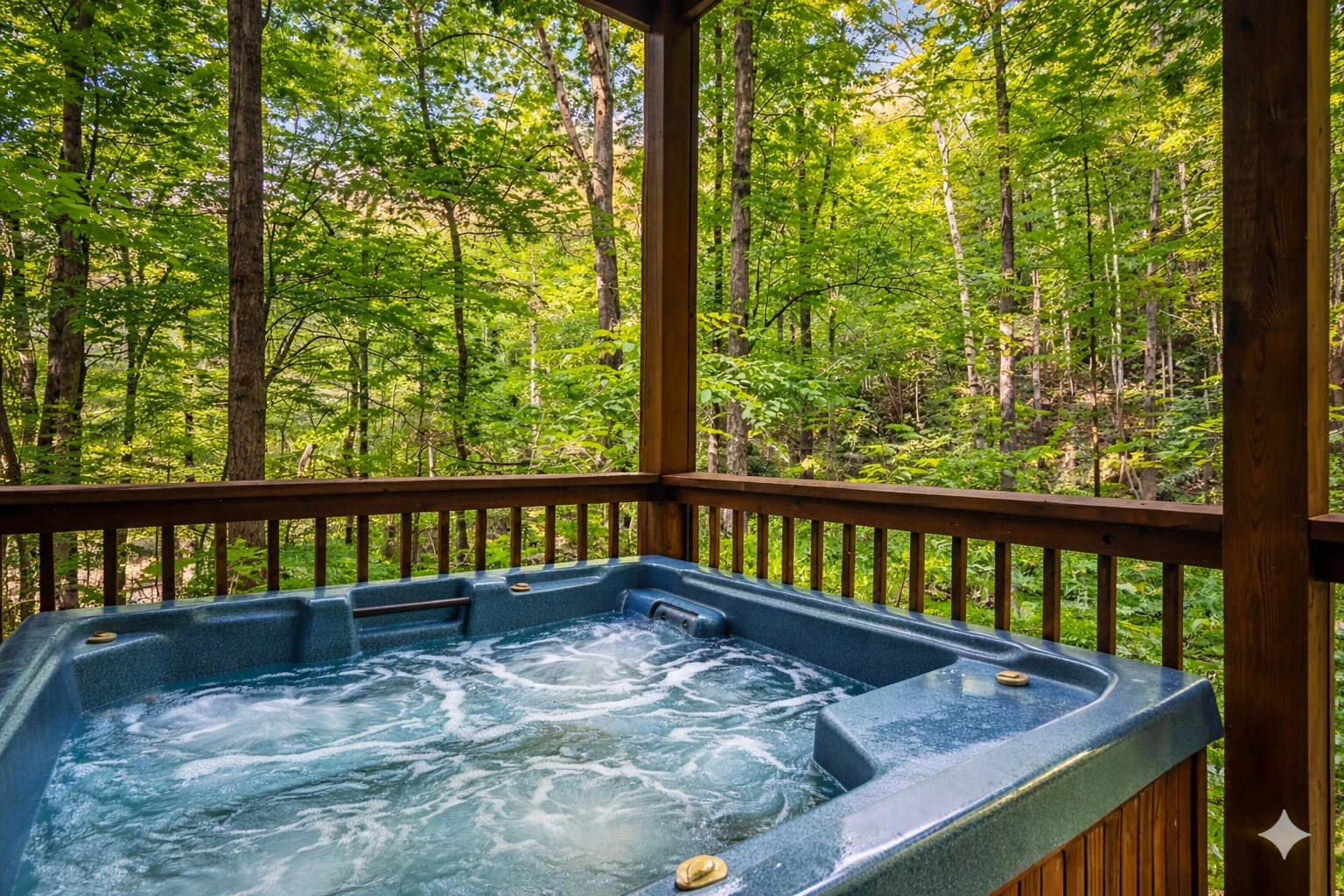 Private hot tub with jets on wooden deck overlooking forest at Forest Creek Retreat Sevierville