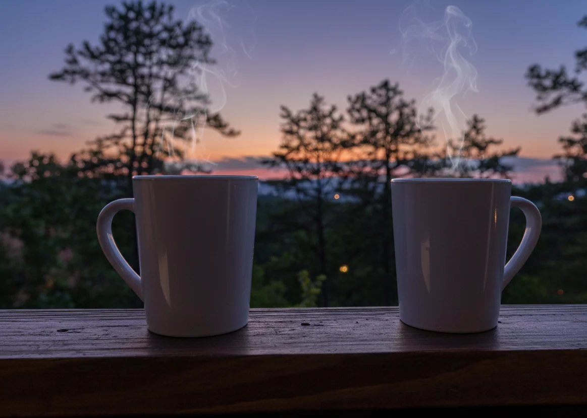 Two mugs on wooden railing overlooking misty mountains at sunset in Sevierville cabin rental