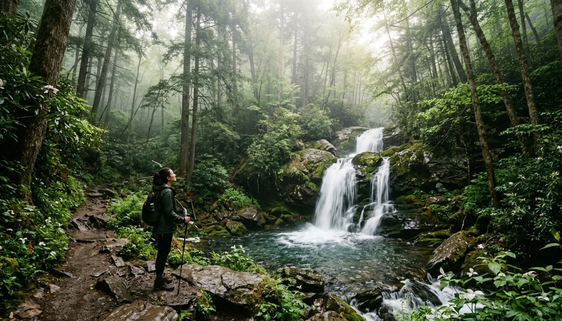 Quiet hidden waterfall trail, an example of how to avoid crowds in the Great Smoky Mountains