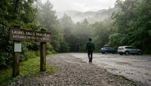 Empty Laurel Falls trailhead parking at dawn shows how to best avoid crowds in the Great Smoky Mountains