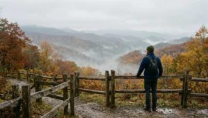 Hiker bundled up at a Smoky Mountains overlook, showing is Gatlinburg cold in October at higher elevation