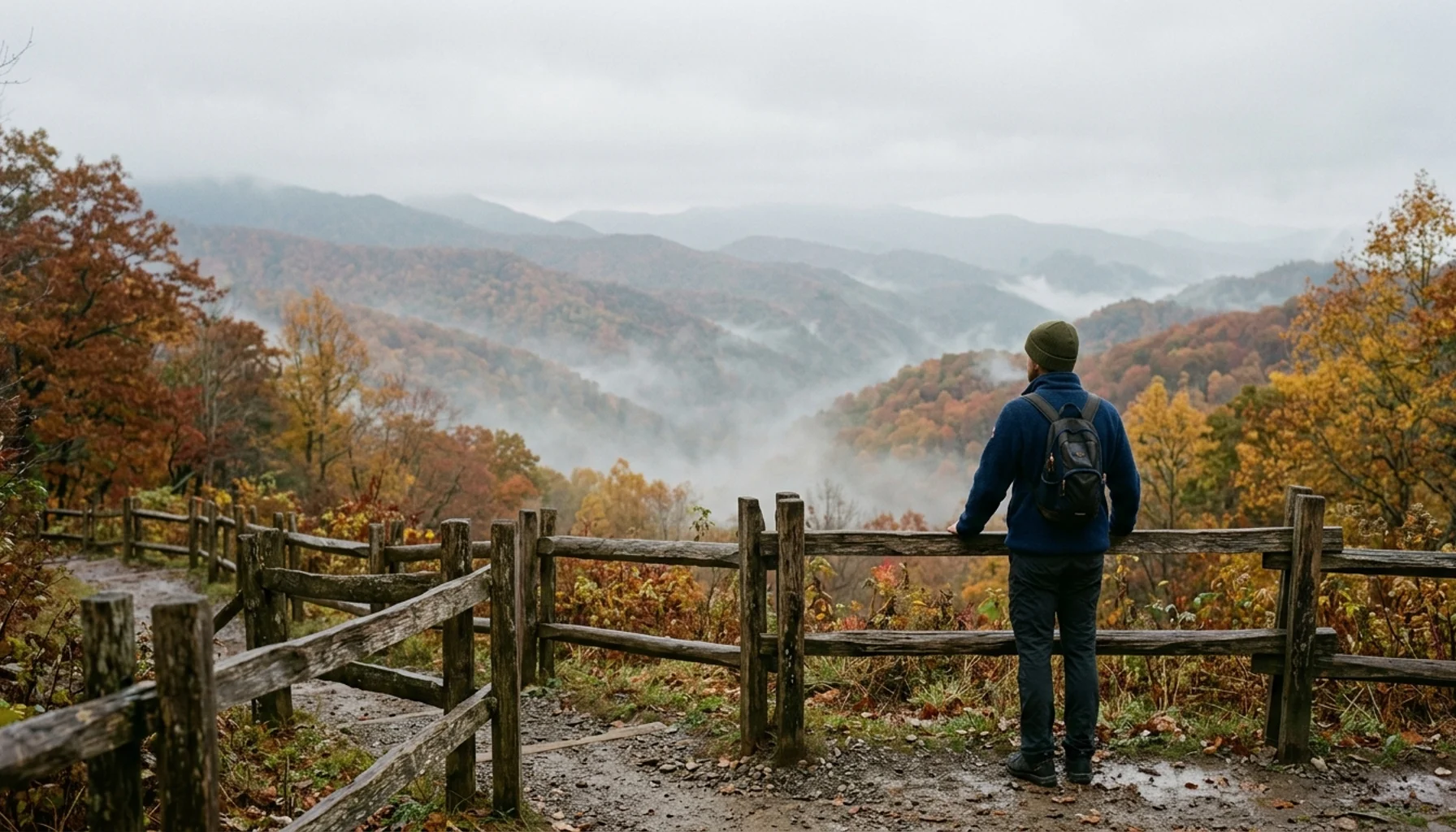 Hiker bundled up at a Smoky Mountains overlook, showing is Gatlinburg cold in October at higher elevation