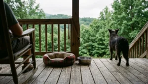Dog on the porch of a pet friendly cabin in Pigeon Forge with Smoky Mountain forest view