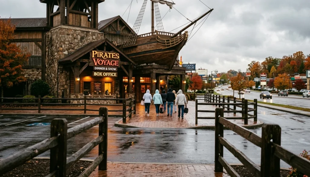 Guests arriving for Pirates Voyage dinner & show tickets outside the Pigeon Forge venue entrance