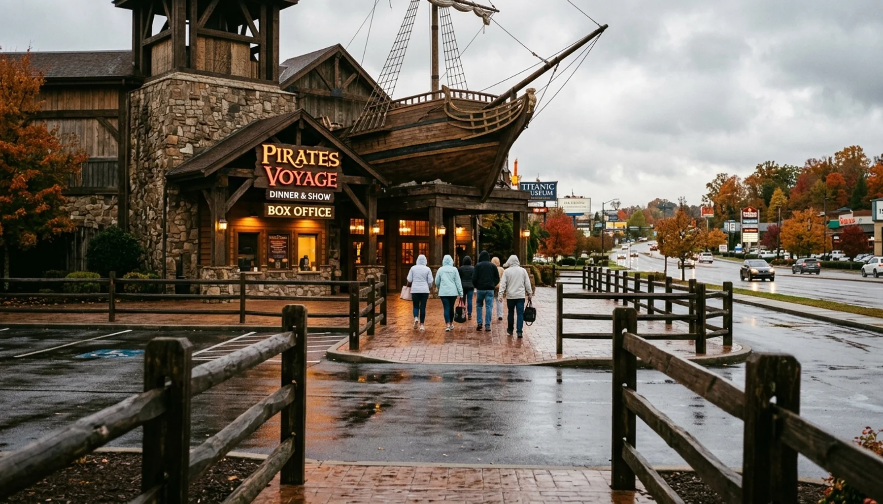 Guests arriving for Pirates Voyage dinner & show tickets outside the Pigeon Forge venue entrance