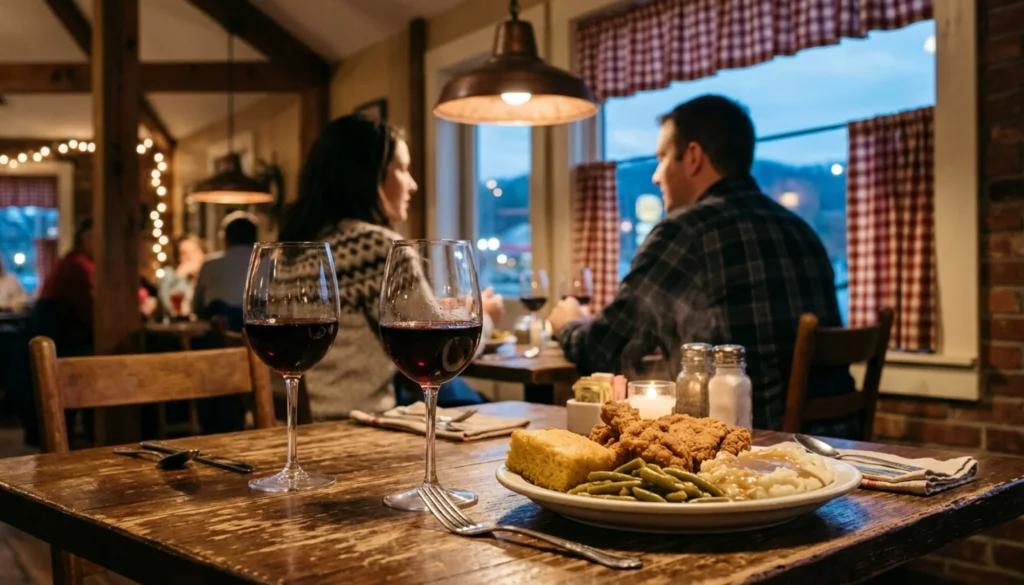 Table set with wine and Southern food at one of the best restaurants in Sevierville TN