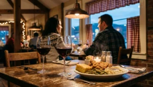 Table set with wine and Southern food at one of the best restaurants in Sevierville TN