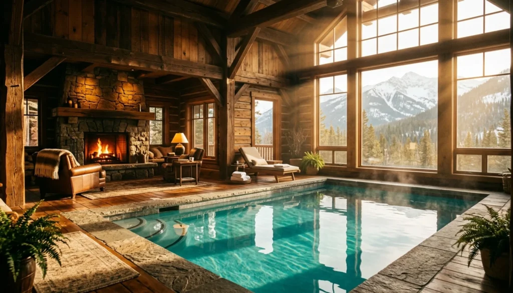 Luxurious private indoor pool in a Pigeon Forge cabin with warm lighting and stone fireplace