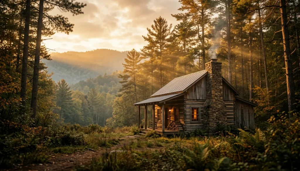 Gatlinburg cabin nestled in Smoky Mountains forest at golden hour with warm lighting and misty atmosphere