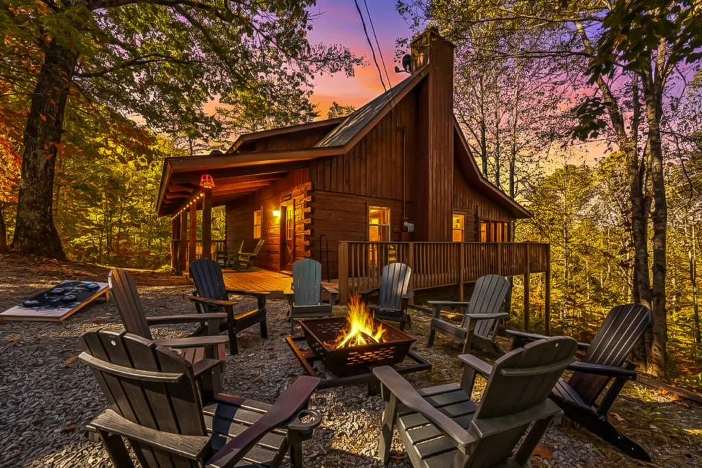 Rustic log cabin with fire pit and Adirondack chairs on patio in Sevierville, TN