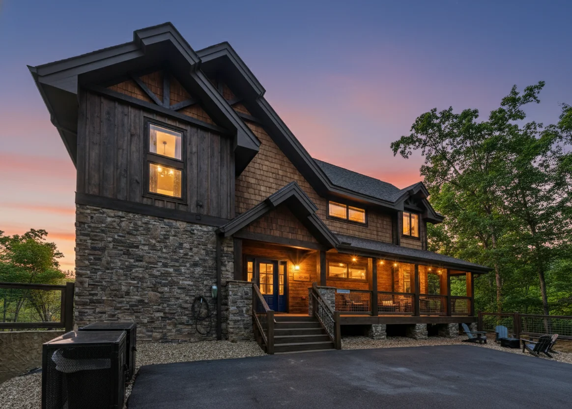 Modern luxury cabin for 2 exterior at twilight with stone accents and illuminated windows in Gatlinburg TN