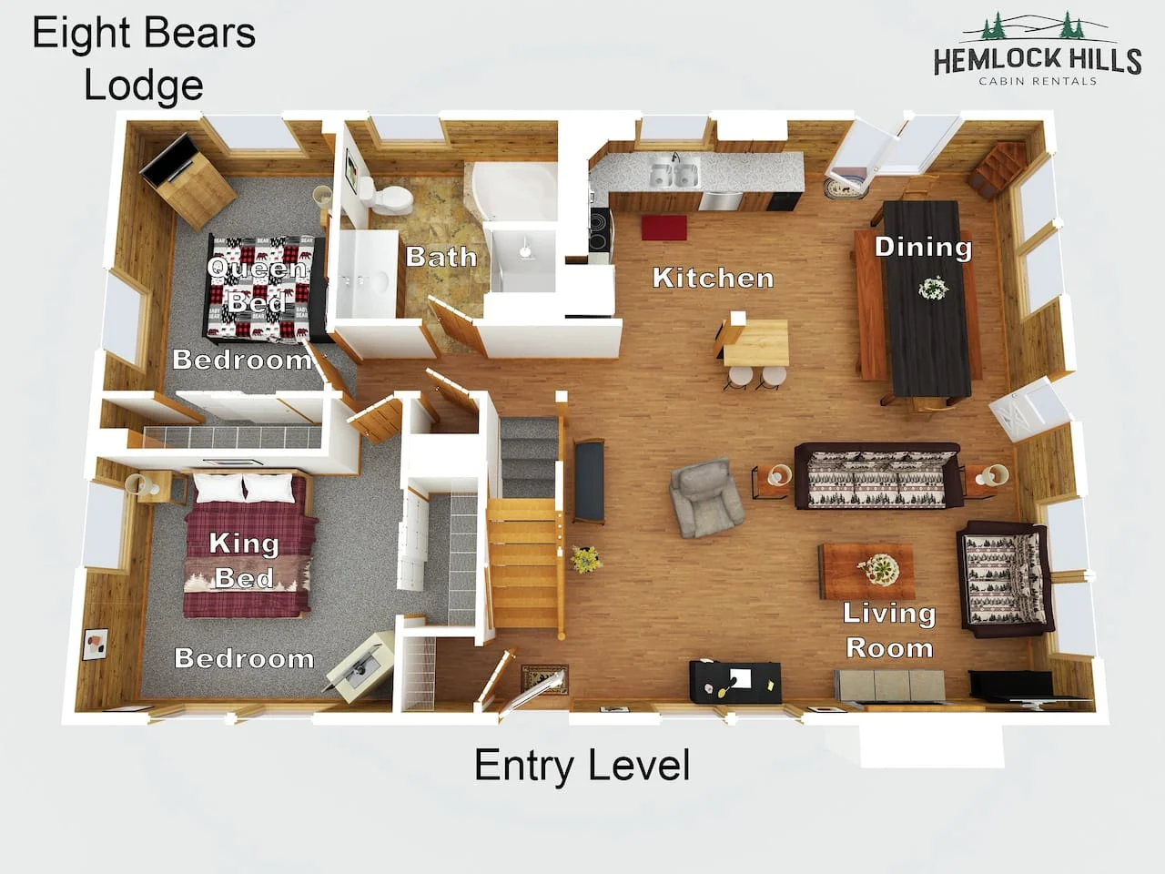8 Bears Lodge entry level floor plan with bedrooms, bathroom, kitchen, and living room in Gatlinburg, Tennessee