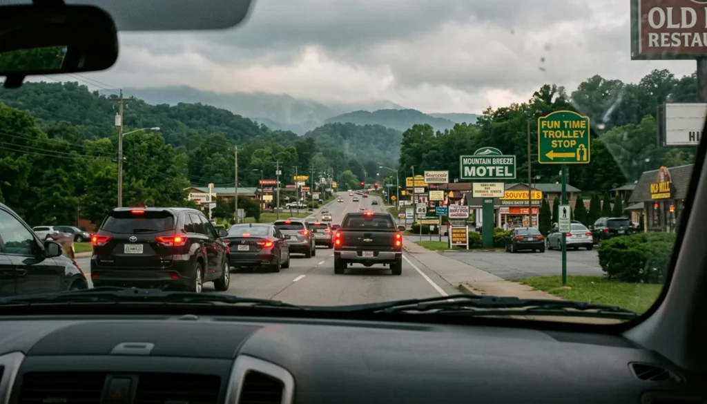 Driving on US-441 from Pigeon Forge toward Gatlinburg and Sevierville with a trolley stop ahead