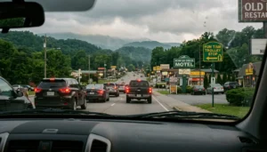 Driving on US-441 from Pigeon Forge toward Gatlinburg and Sevierville with a trolley stop ahead