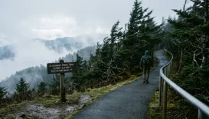 Paved summit trail leading to Clingmans Dome, about 23 miles and an hour drive from Pigeon Forge