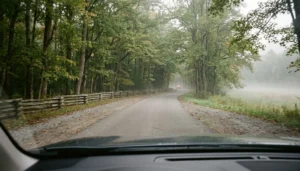 Driving view down the single-lane Cades Cove Loop Road showing how long it takes to drive through Cades Cove