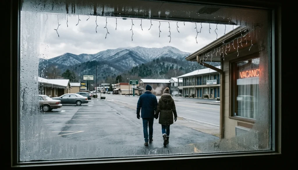 Couple walking through Pigeon Forge in January, the cheapest month to visit with average monthly temperatures at their coldest