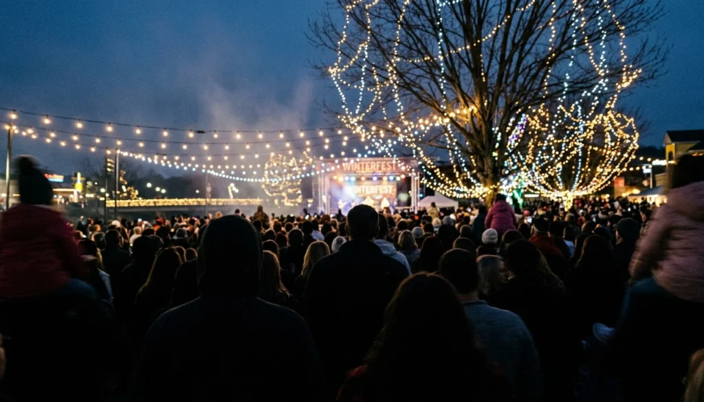 Crowd gathers at Patriot Park for the Winterfest kickoff, showing when Pigeon Forge starts decorating for Christmas