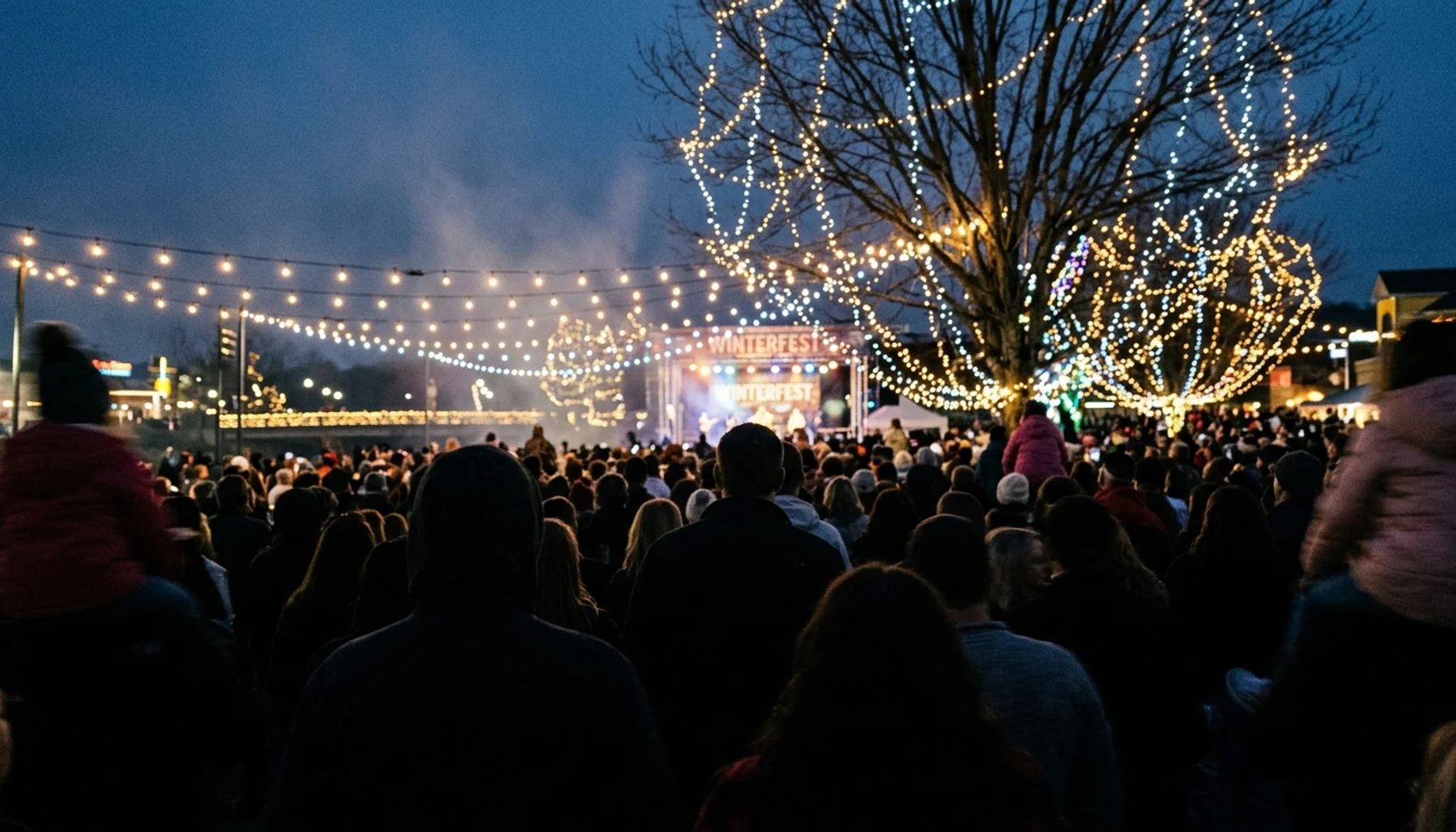 Crowd gathers at Patriot Park for the Winterfest kickoff, showing when Pigeon Forge starts decorating for Christmas