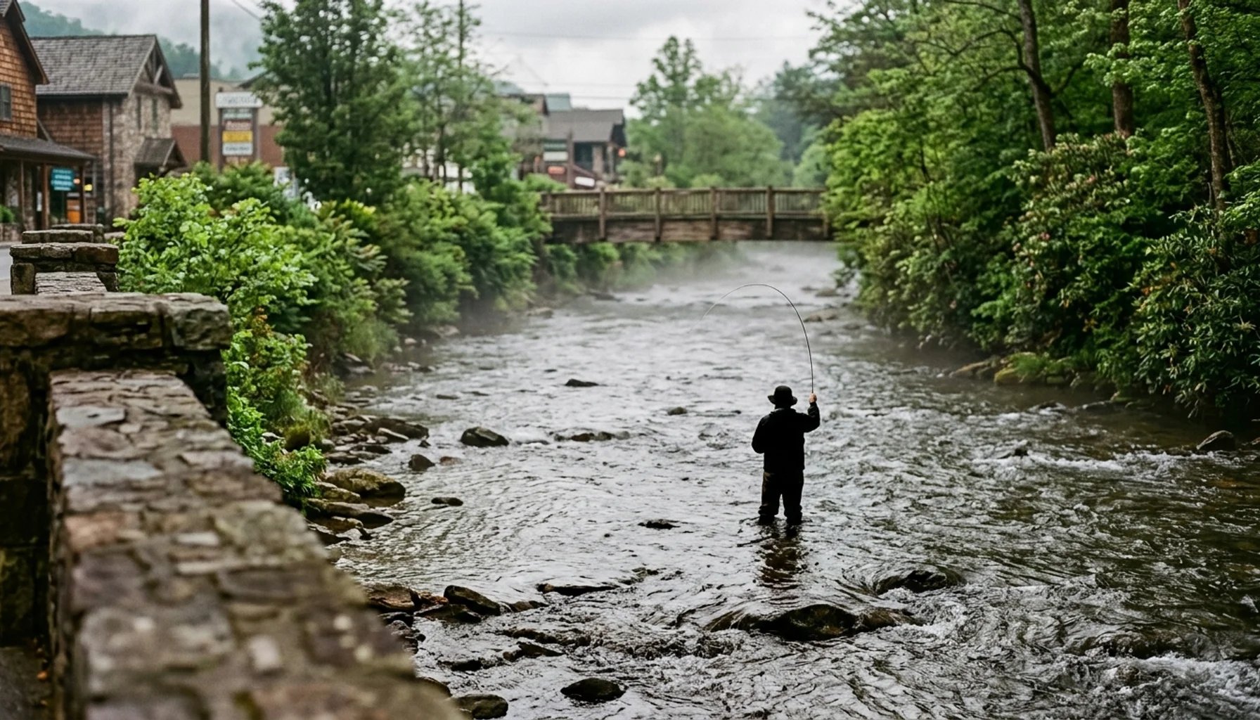Angler fishing the West Prong Little Pigeon River, the best place to fish in Gatlinburg's downtown corridor