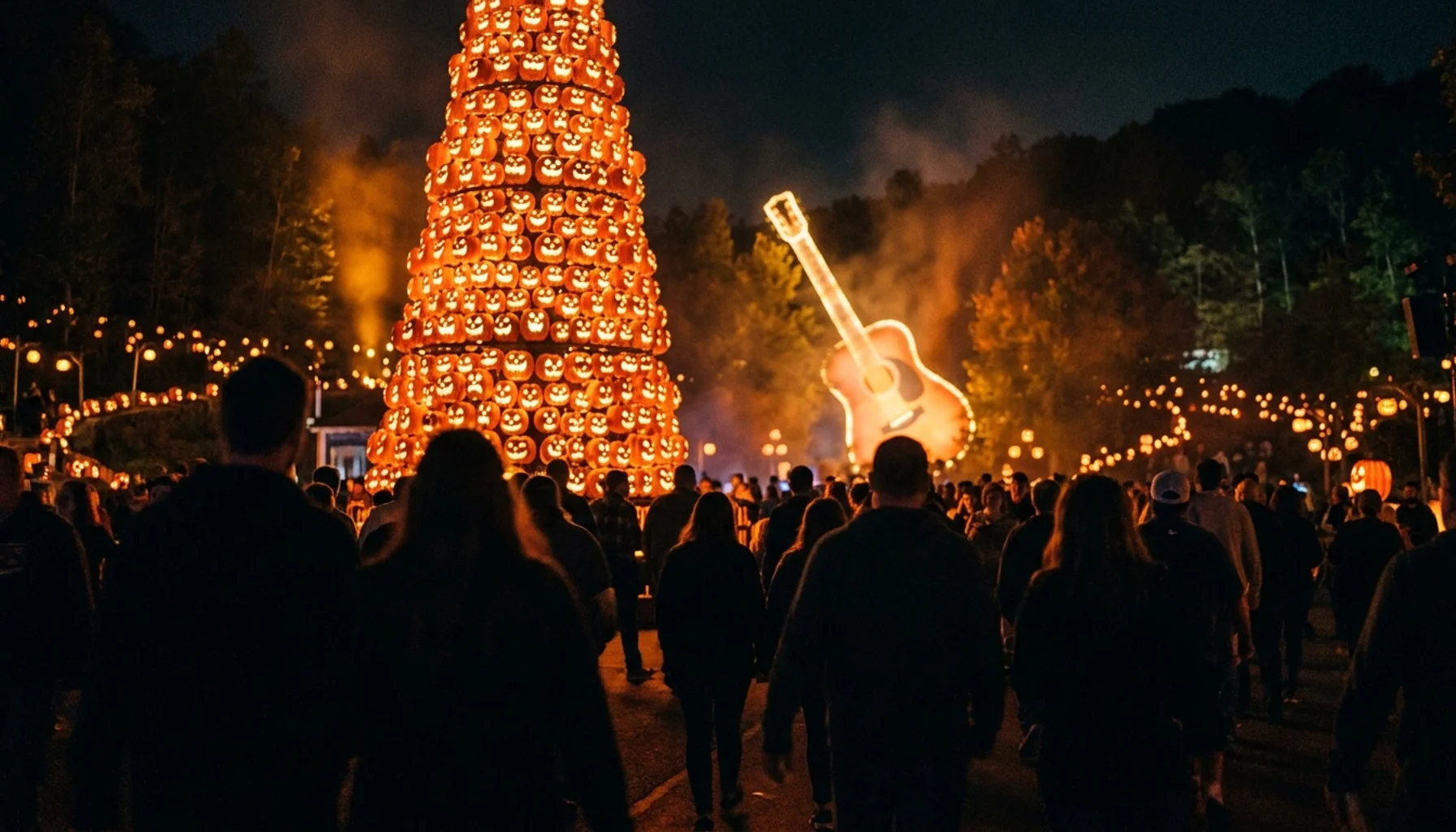 Crowd silhouettes at Dollywood Harvest Festival & Great Pumpkin LumiNights in Pigeon Forge