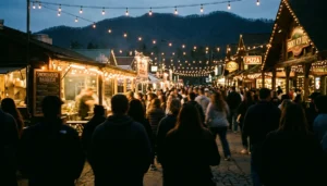 Crowd gathered at Gatlinburger Week burger festival among Gatlinburg's mountain-town food stalls