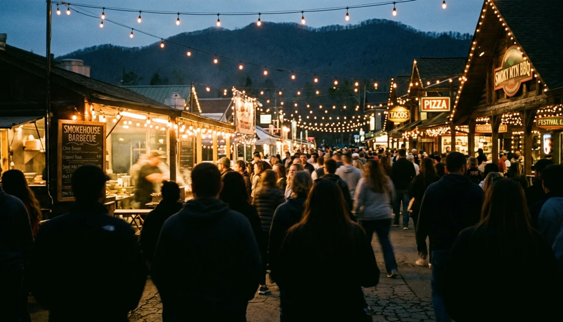 Crowd gathered at Gatlinburger Week burger festival among Gatlinburg's mountain-town food stalls