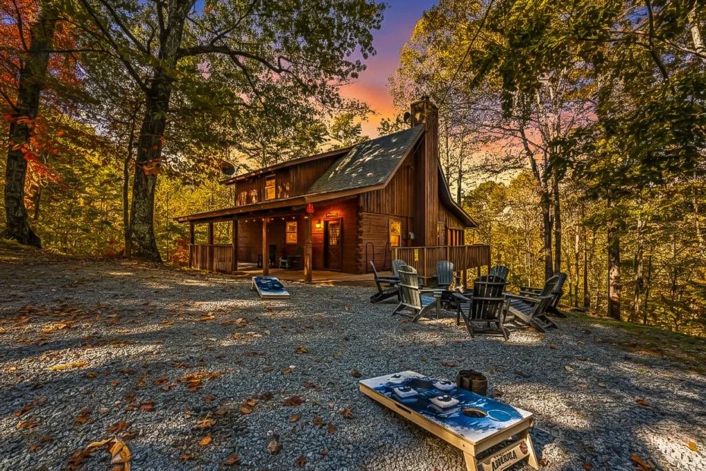 Rustic cabin exterior at sunset surrounded by golden autumn forest with Adirondack chairs and cornhole setup, exemplifying