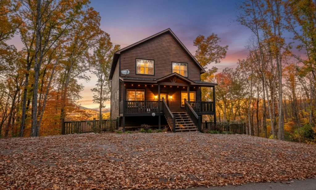 Modern two-story cabin with dark siding surrounded by fall foliage, representing one of the best vacation rentals Pigeon