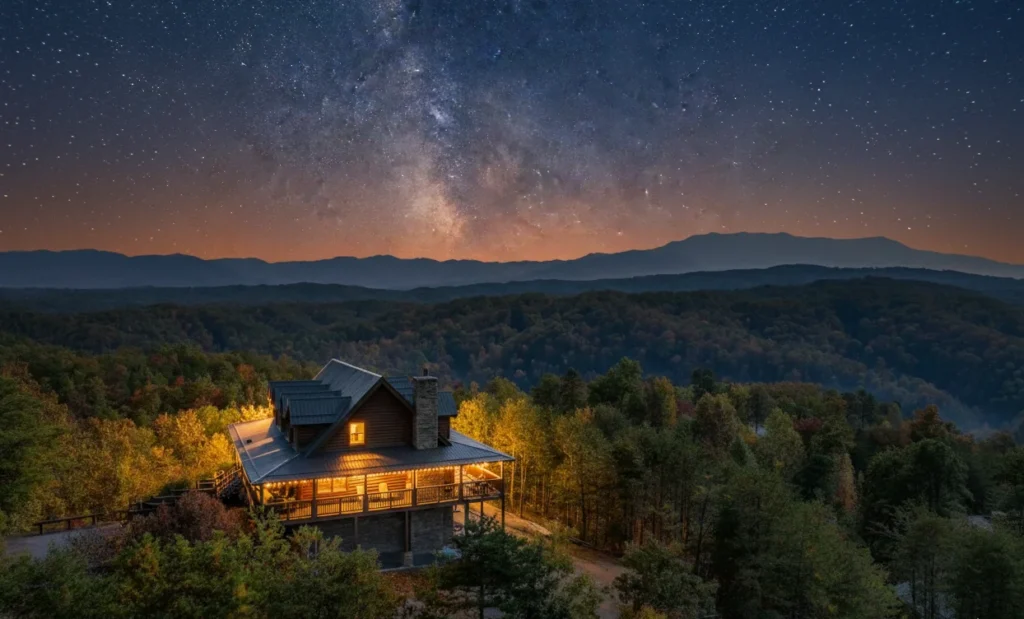 Illuminated cabin under starry night sky with Milky Way and mountain backdrop