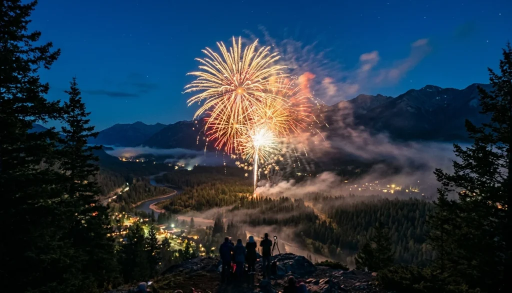 Vibrant fireworks display over Gatlinburg mountain valley during July 4th celebration with best viewing spots visible