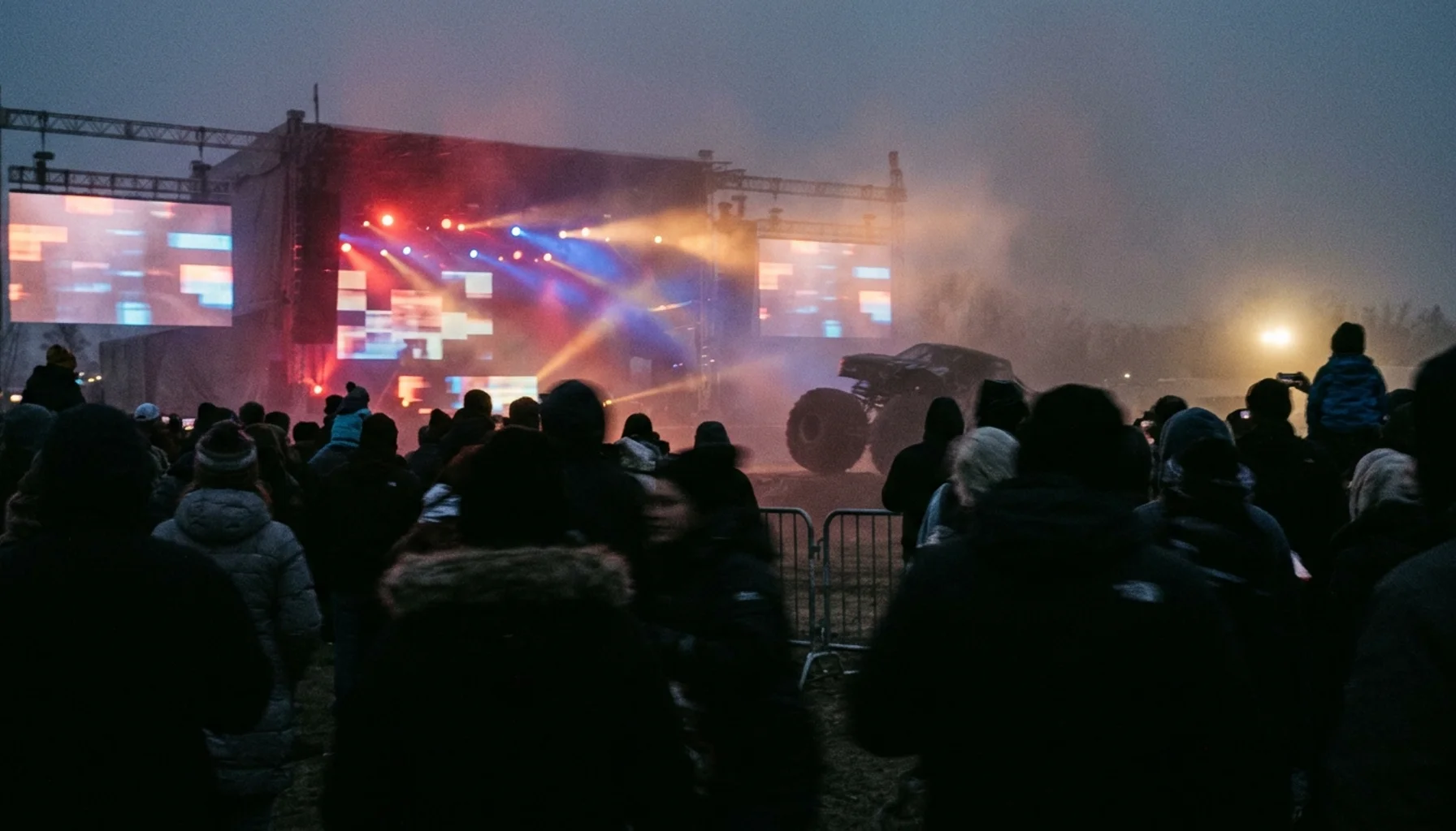 Crowd energy at Smoky Mountain Truck Fest Sevierville with stage lights and haze at dusk