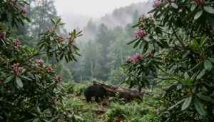 American black bear foraging in Great Smoky Mountains forest near Gatlinburg, Tennessee