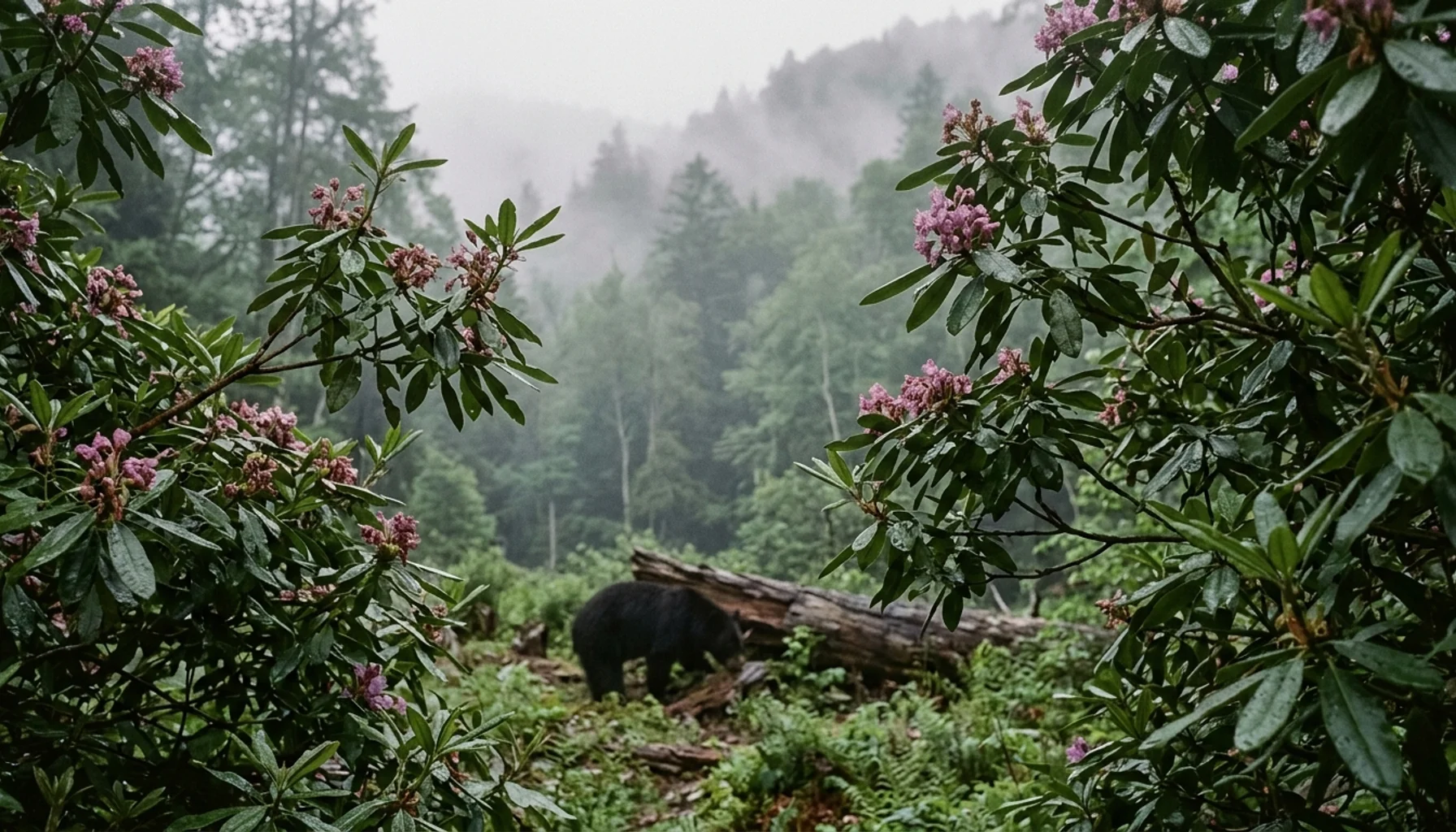 American black bear foraging in Great Smoky Mountains forest near Gatlinburg, Tennessee