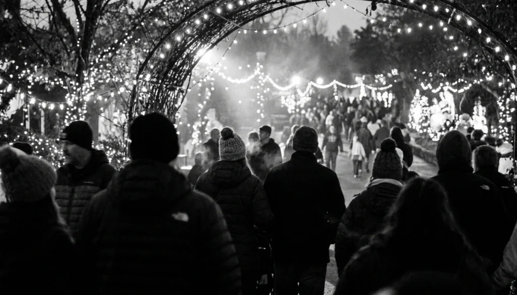 Crowd walking through Dollywood's lit displays, illustrating when does Dollywood decorate for Christmas each season