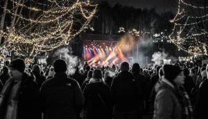 Crowd silhouettes under holiday lights at Dollywood, illustrating when Dollywood puts up Christmas lights each year