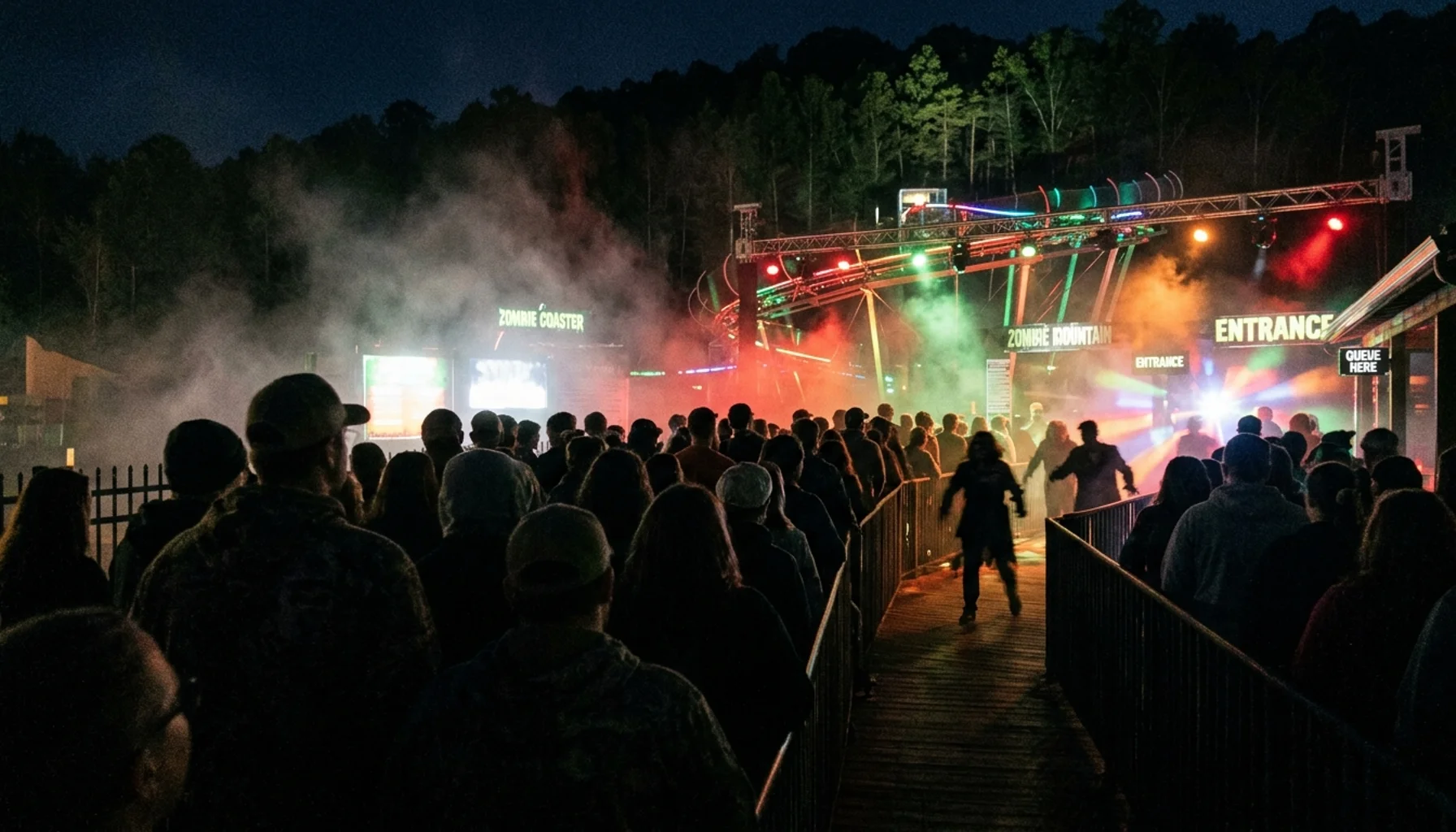 Crowd waits in haze and stage lights at Zombie Invasion at Rocky Top Mountain Coaster in Pigeon Forge