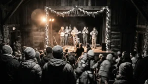 Crowd silhouettes at the bluegrass christmas in the smokies music festival Pigeon Forge area, stage lit through haze