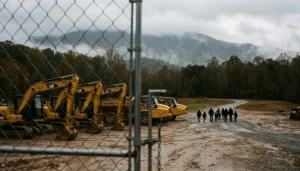 Yellow excavators in a play area at Dig n Zone theme park in Sevierville with Smoky Mountain ridge in the distance