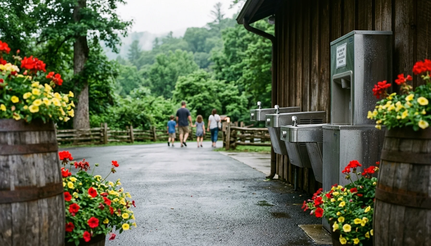 Free ice water station inside a Smoky Mountains theme park, answering does Dollywood have alcohol with water-only options