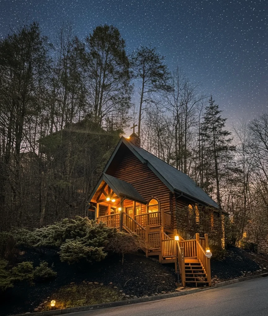 Log cabin lit up at night in a forest with a starry sky, a peak season Gatlinburg TN rental from Hemlock Hills Cabin Rentals