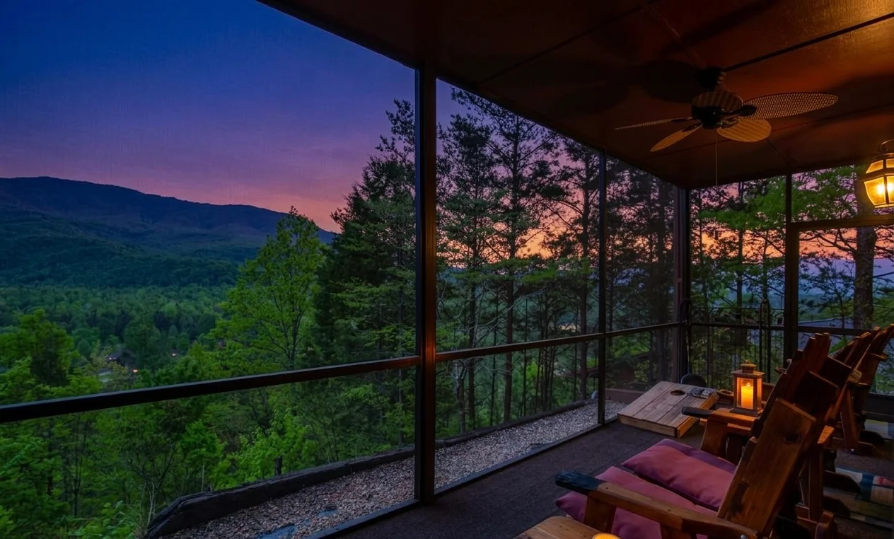 Mountain porch with Adirondack chairs overlooking Smoky Mountains sunset at Hemlock Hills postcard cabin
